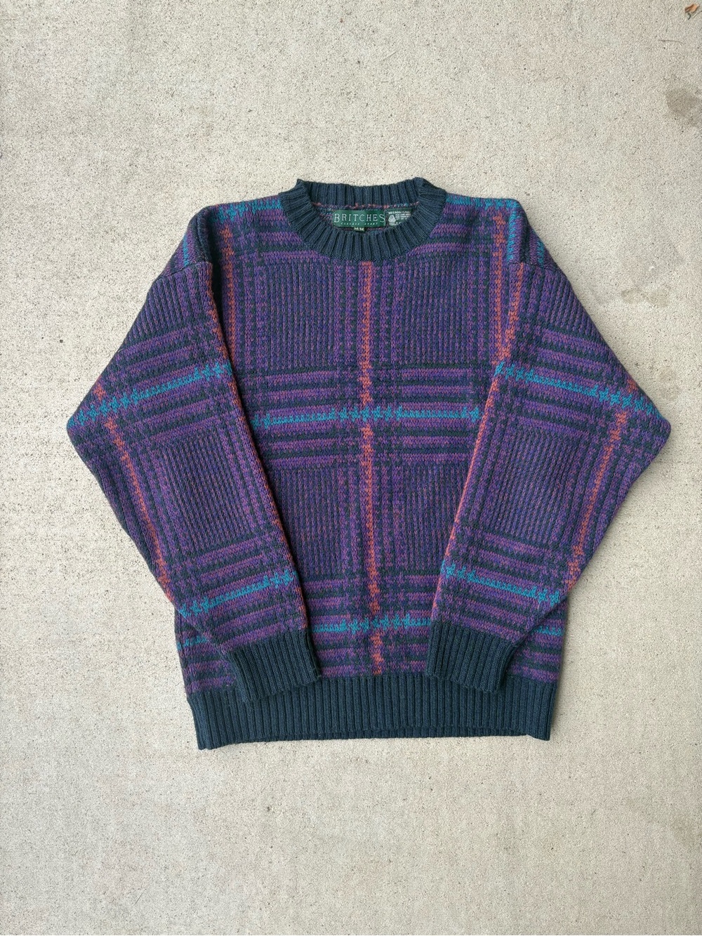 Vintage 90s Britches Classic Sport 100% Pure Virgin Wool Plaid Sweater Medium